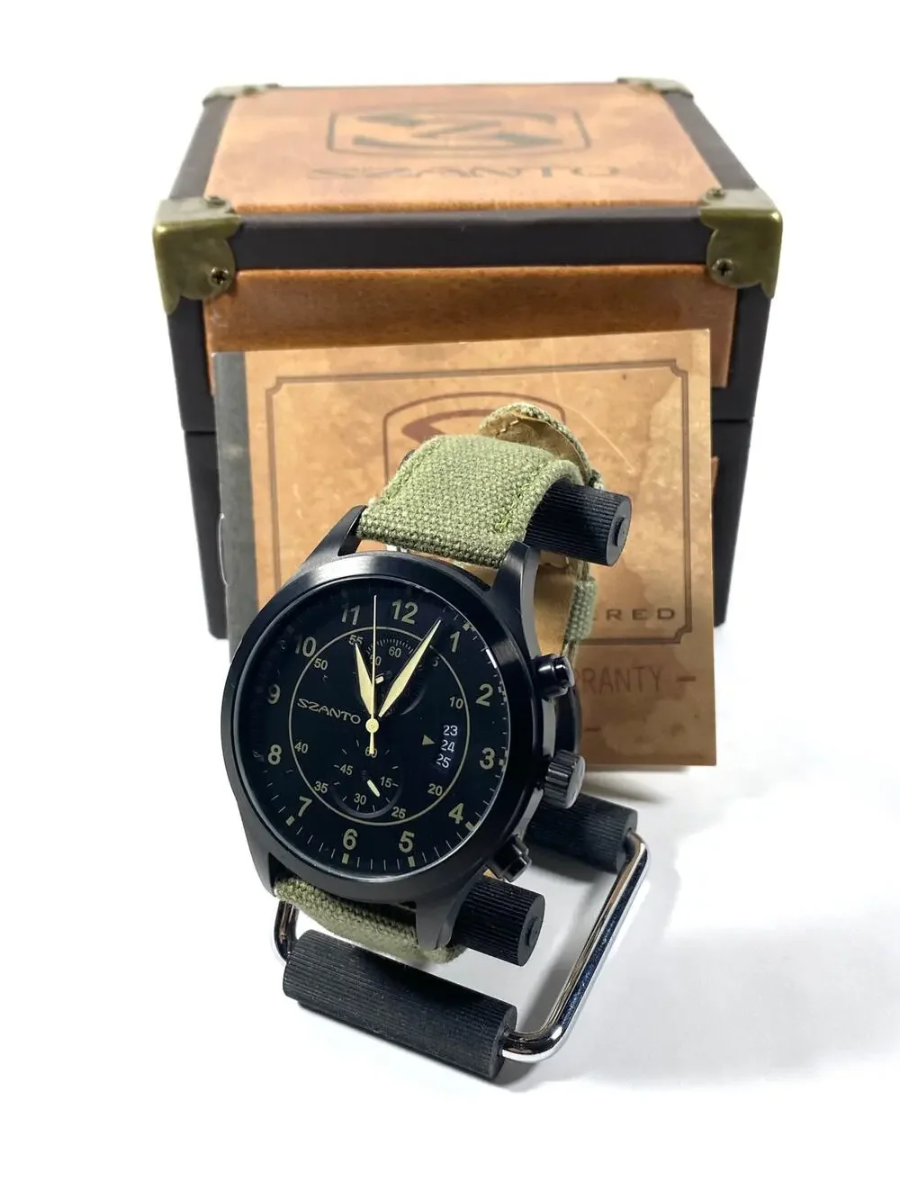 Szanto 1202 Chronograph 46mm Pilot Watch Military Aviator Black Dial Quartz 100m